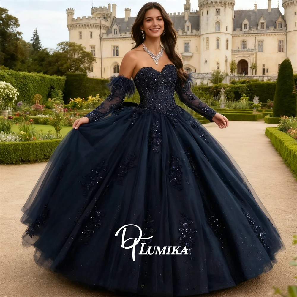 

Бальное платье с перьями и рукавами, вечернее платье для обратно в школу, милые кружевные аппликации из бисера, платья Quinceanera, платья