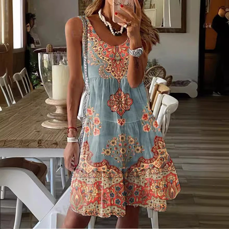 Bohemian Retro Sleeveless Mini Dress 2024 Summer Loose Ruffle Vacation Dress Women O-neck Pattern Print A-line Short Dress