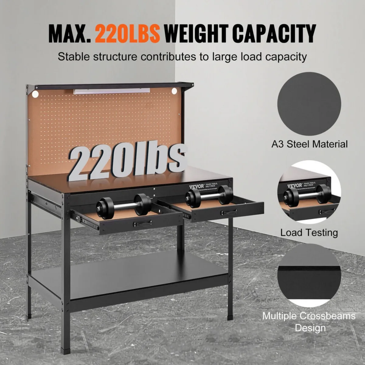 Us- Tavolo multifunzione 48x24" con pannello forato con presa di corrente