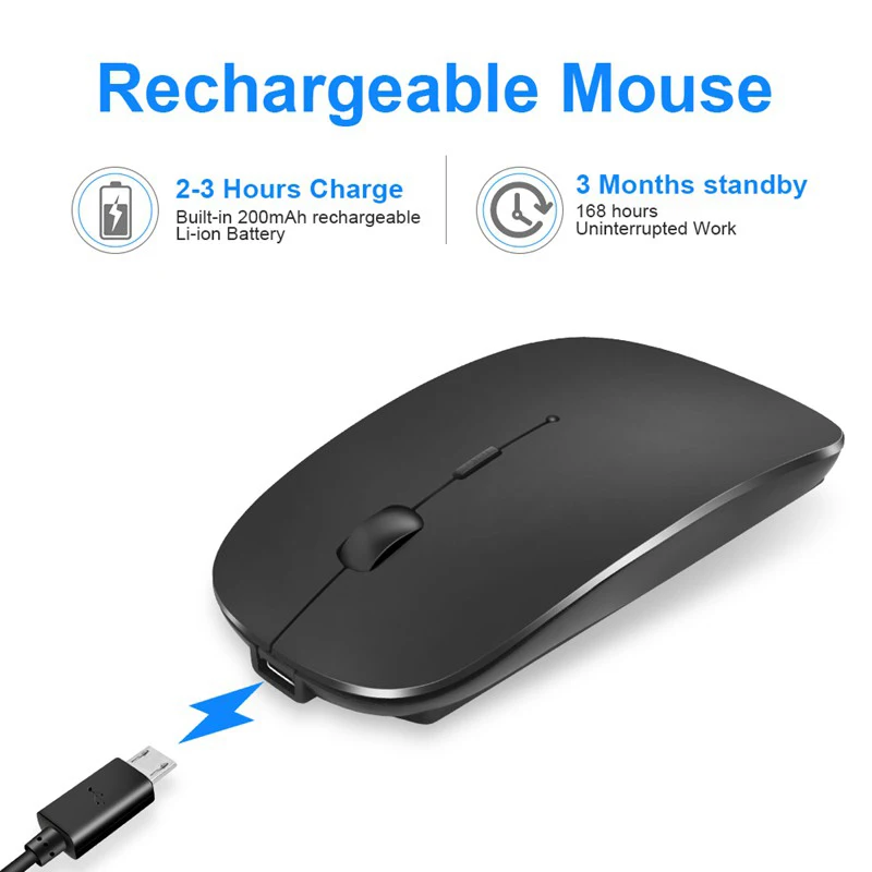 Recarregável Optical Wireless Mouse, Dual Mode, Receptor Bluetooth, Super Slim, Computador, Laptop, Telefones, 2.4GHz