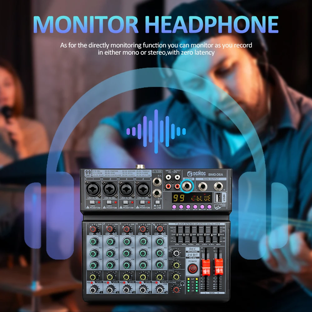 DGNOG Mezclador de audio profesional de 6 canales EQ de 7 bandas con 99 efectos DSP Consola Bluetooth USB de alimentación fantasma de 48 V para estudio de escenario