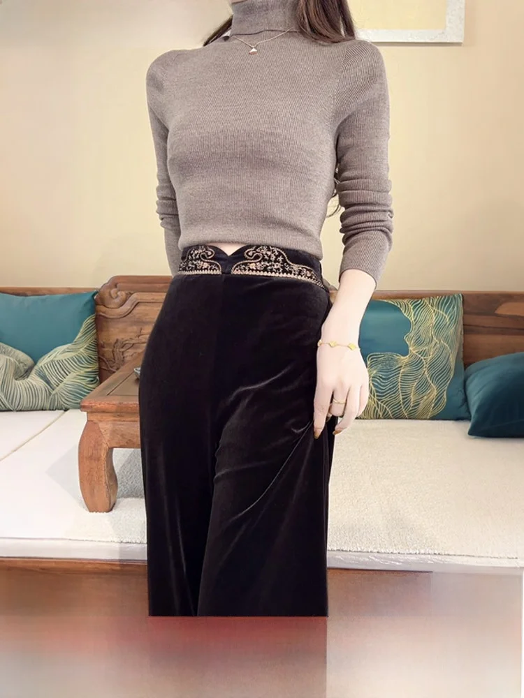 

Bla Fce Lined Velvet Wide Leg Pants Women's High Waist Loose Fit Straight Cut Hanging Golden Velvet Trousers Winter Casu...