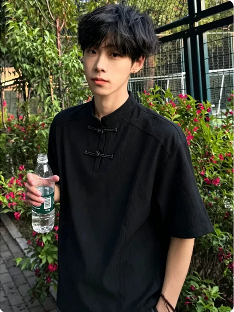 New Chinese Style Men's T-Shirt Button up Collar Half Sleeve Short Sleeve Henry Collar Summer High Texture Sensation Tree Bar...