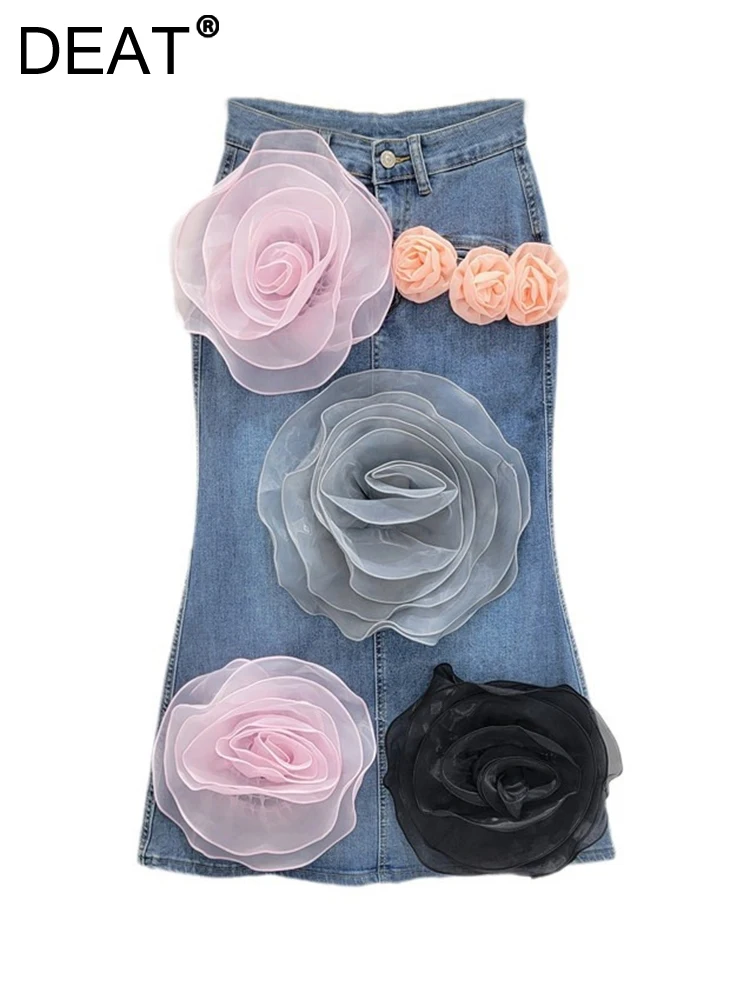 

DEAT Women's Denim Skirts High Waist Spliced 3d Big Flowers Split Slim Stretch Mermaid Skirts 2024 Autumn New Fashion 11A0442