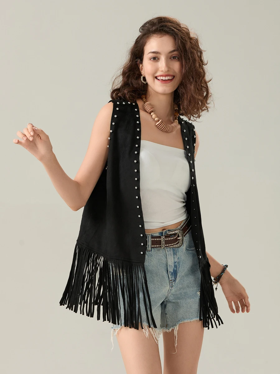 Feminino franja sem mangas colete cravejado frente aberta jaqueta longa boho streetwear festival moda tendência