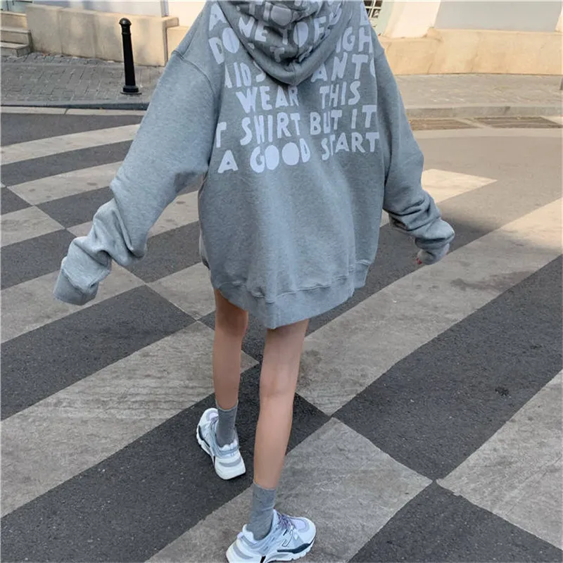 

Women's Casual O-Neck Long Sleeve Hoodies, Letter Print, Hip Hop Hooded, Funny Korean Style Tops, Female Streetwear, Oversized