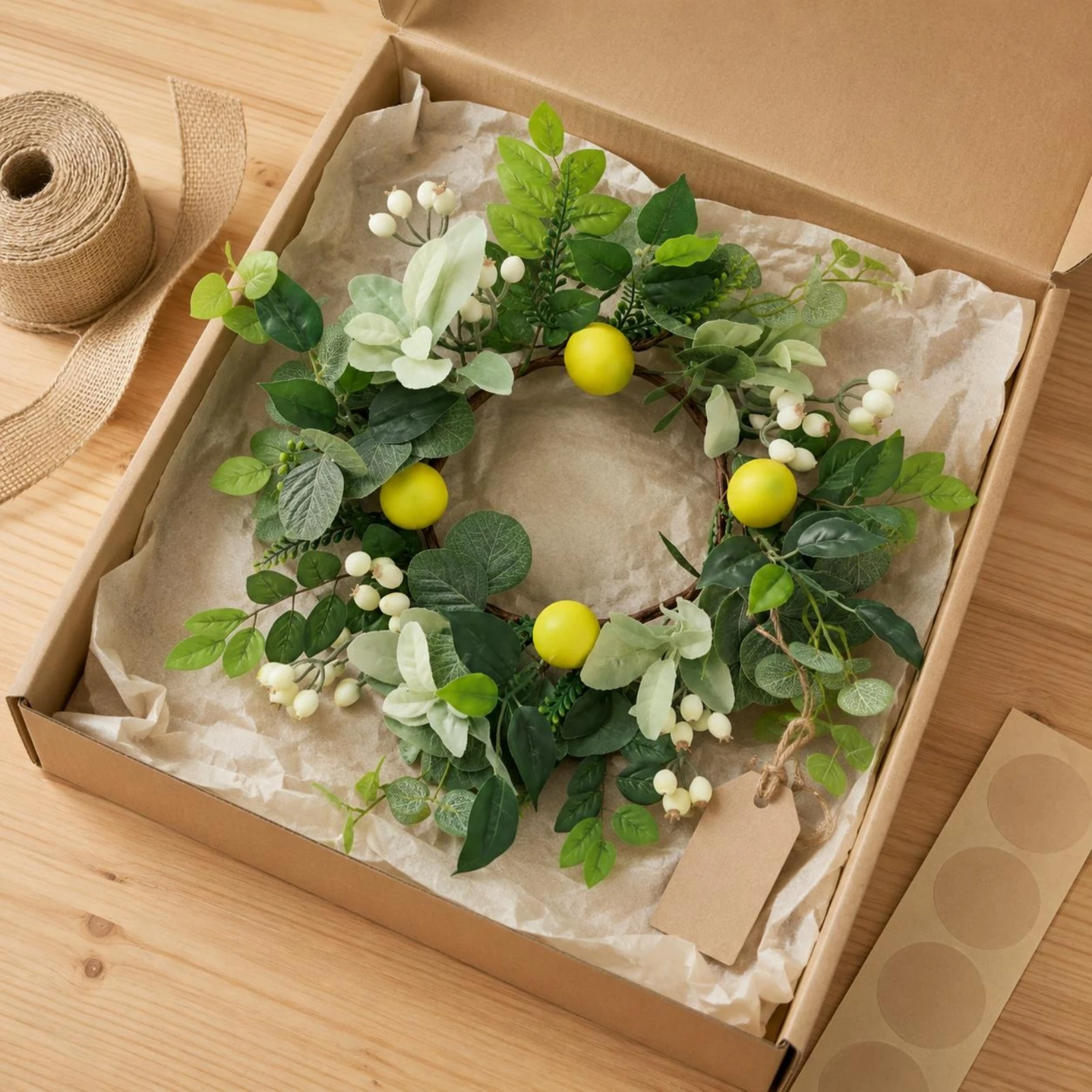 

Artificial Lemon Wreath Green Foliage Floral Lemon Wreath Home Decor Leafy House Decoration Faux Lemons