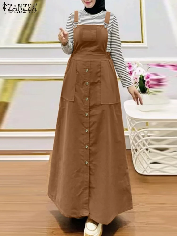 ZANZEA Workwear Muslim Women Pinafore Dress Suspender Islamic Hijab Sleeveless Holiday Overall Dress Streetwear Long Vestidos