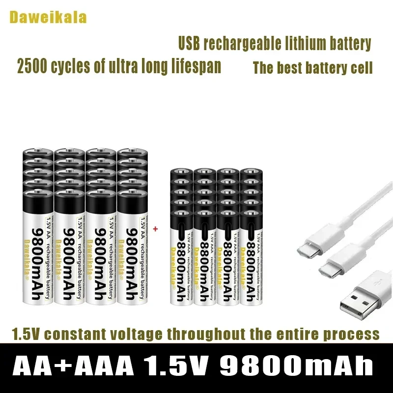 

1,5 В AA + AAA USB аккумуляторная батарея AA 9800 мАч/AAA 8800 мАч литий-ионные батареи для игрушек, часов, MP3-плеер, термометр + кабель