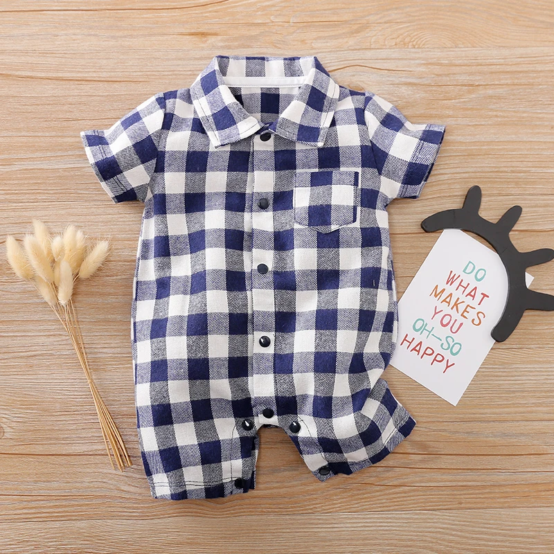 Summer Boys And Girls Literary Style Checkered Shirt Casual Comfortable Short Sleeve Baby Bodysuit