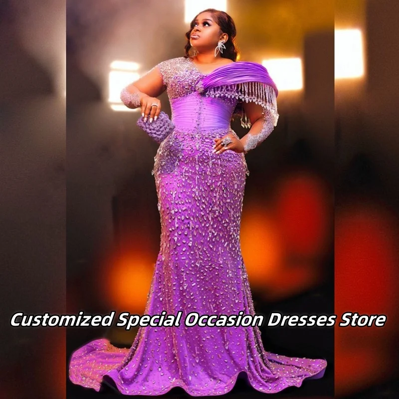 

Роскошное вечернее платье с кристаллами и бисером, аппликация для женщин, платья русалки с длинными рукавами для выпускного вечера, свадебные платья по индивидуальному заказу