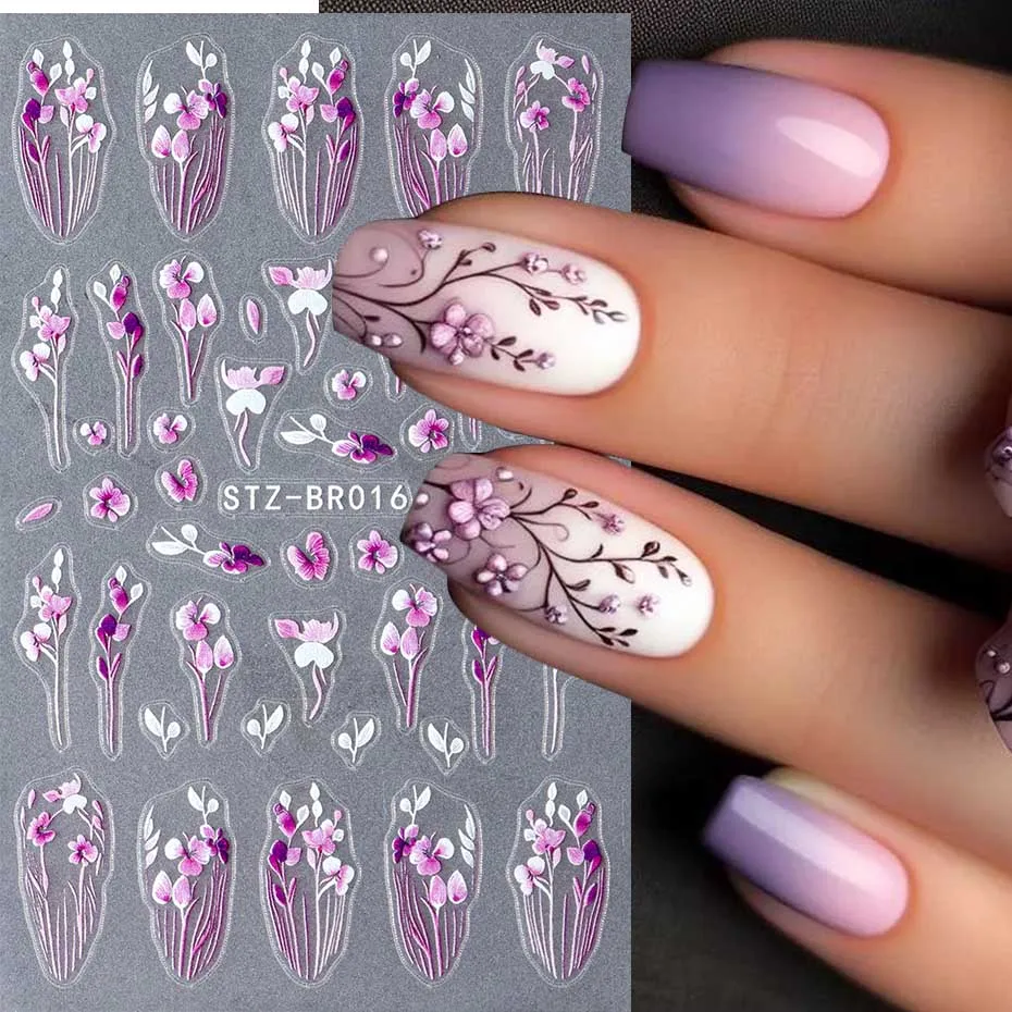 3D Purple Flower Nail Sticker Y2K Petal Floral Self-Adhesive Decal Slider DIY Fashion Manicure Decoration Accessories