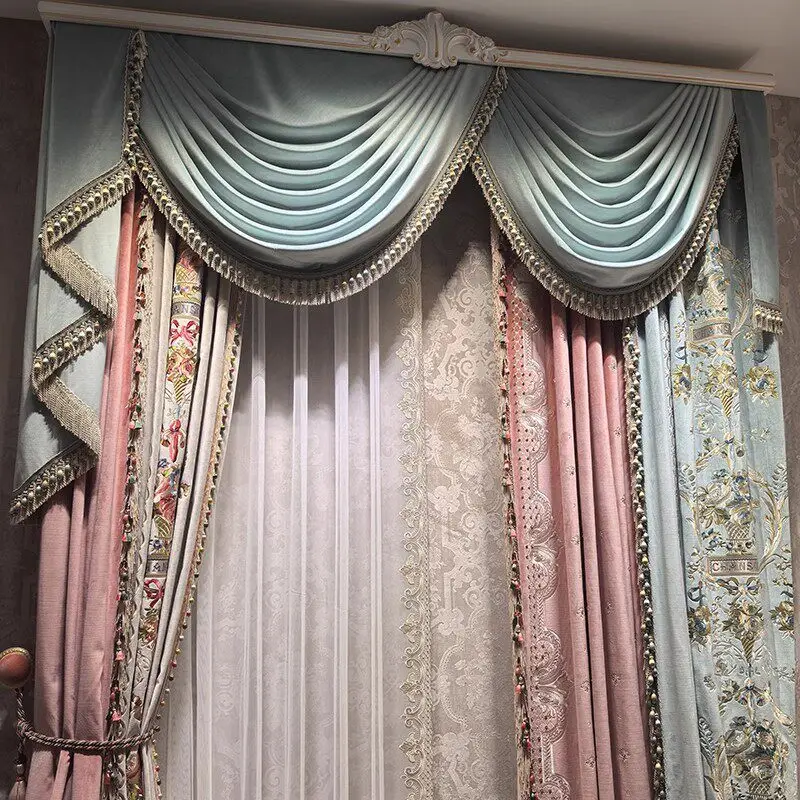 French Pink Embroidered Beige Patchwork Velvet Curtains for Living Room Bedroom Partition Curtains Villa Custom Embroidered