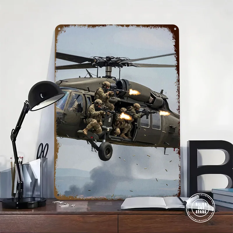 Military Helicopter Soldiers Firing Weapons Tinplate Posters Customizable Wall Art Retro Vintage Metal Signs for Home Room Decor