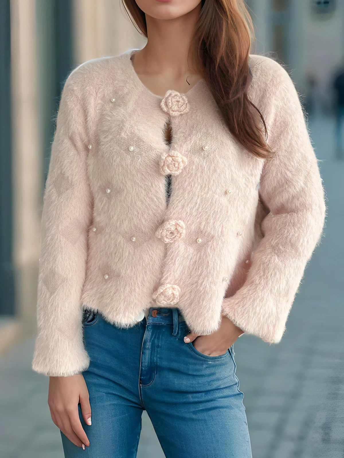 

Casual Plush Cardigan For Women Fashion Loose Round Neck Long Sleeve Knitted Flower Button Coat Autumn Winter New Warm Coat