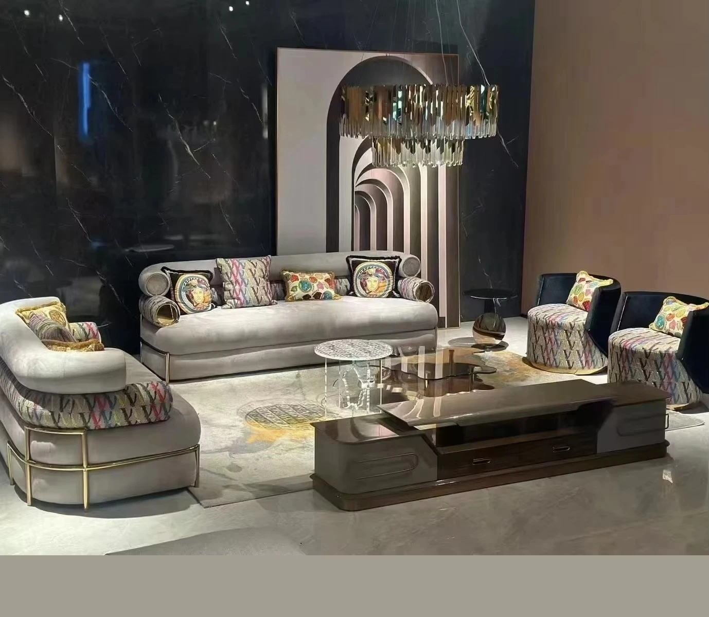 di- Curved Back Embroidered Fabric Sofa Modern Design Furniture Sofa Frosted Velvet Stainless Steel Tube Titanium Frame Sofa&