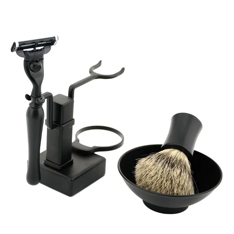 Bathroom Barber Men's Metal Shaving Brush Set - Shaving Frame Frame+Soap Cup Bowl Black