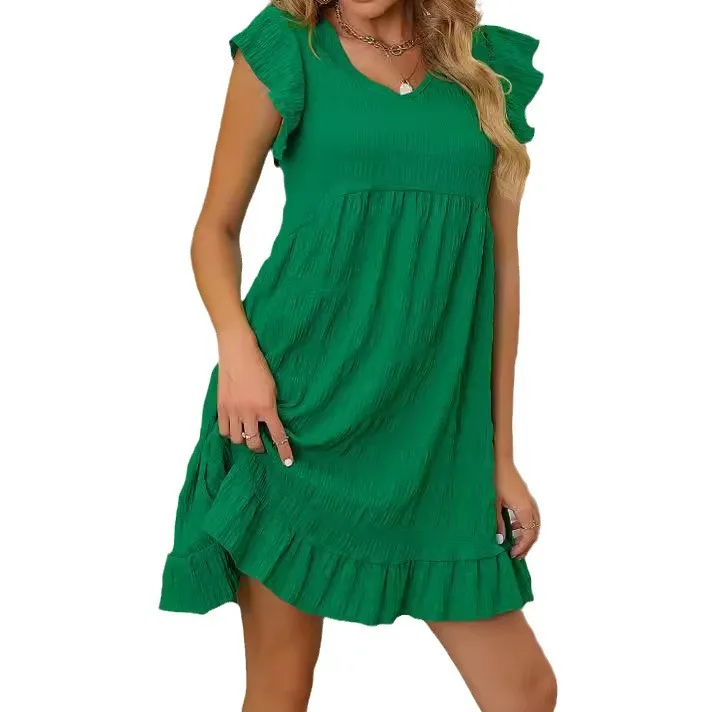 2024 Casual Loose Mini Dress Women Summer Short Sleeve Solid Color Green A Line Dress Female Fashion Vintage Short Dresses