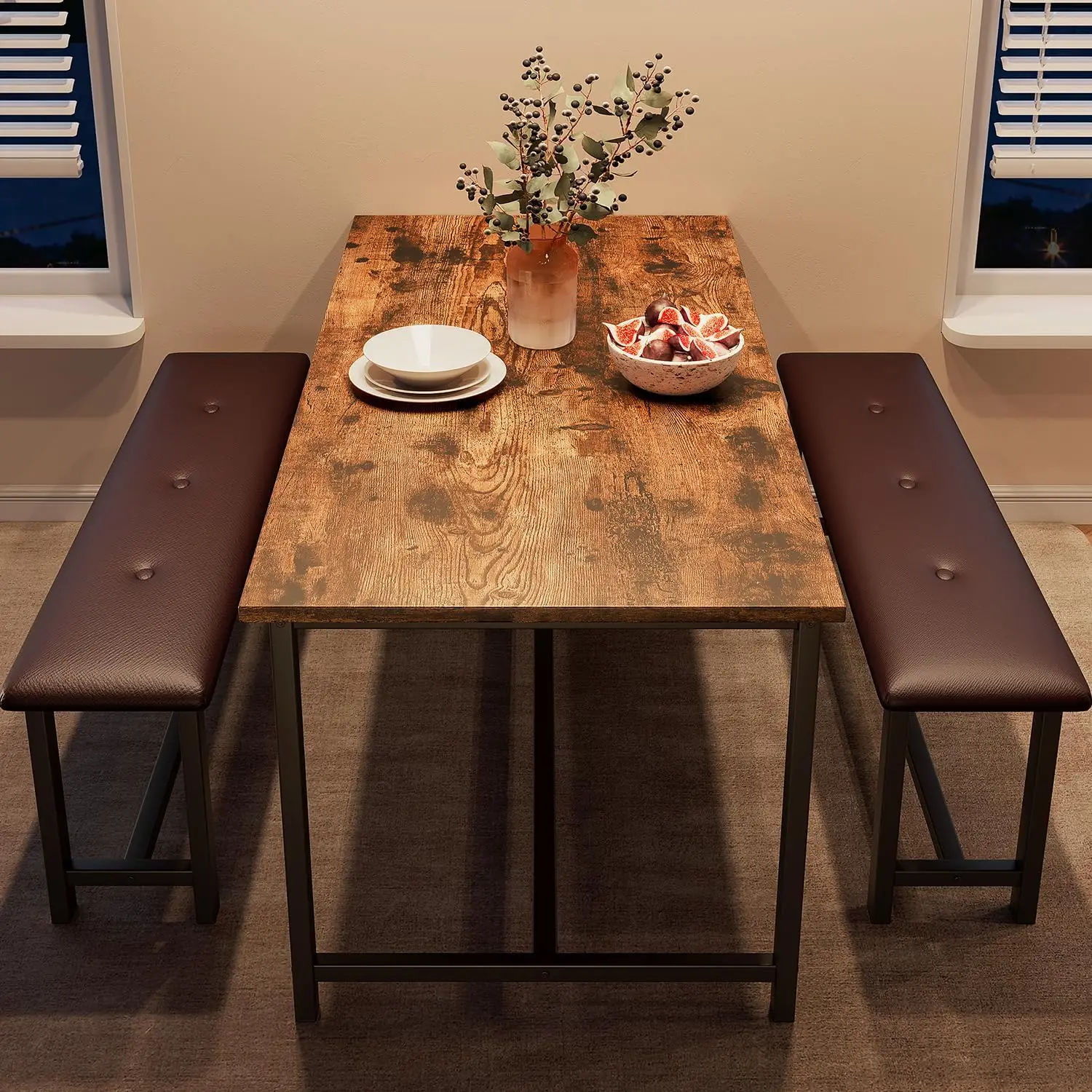 Dining Table Set for 4, Kitchen Table with Benches, Rectangular Dining Room Table Set with 2 Upholstered Benches,