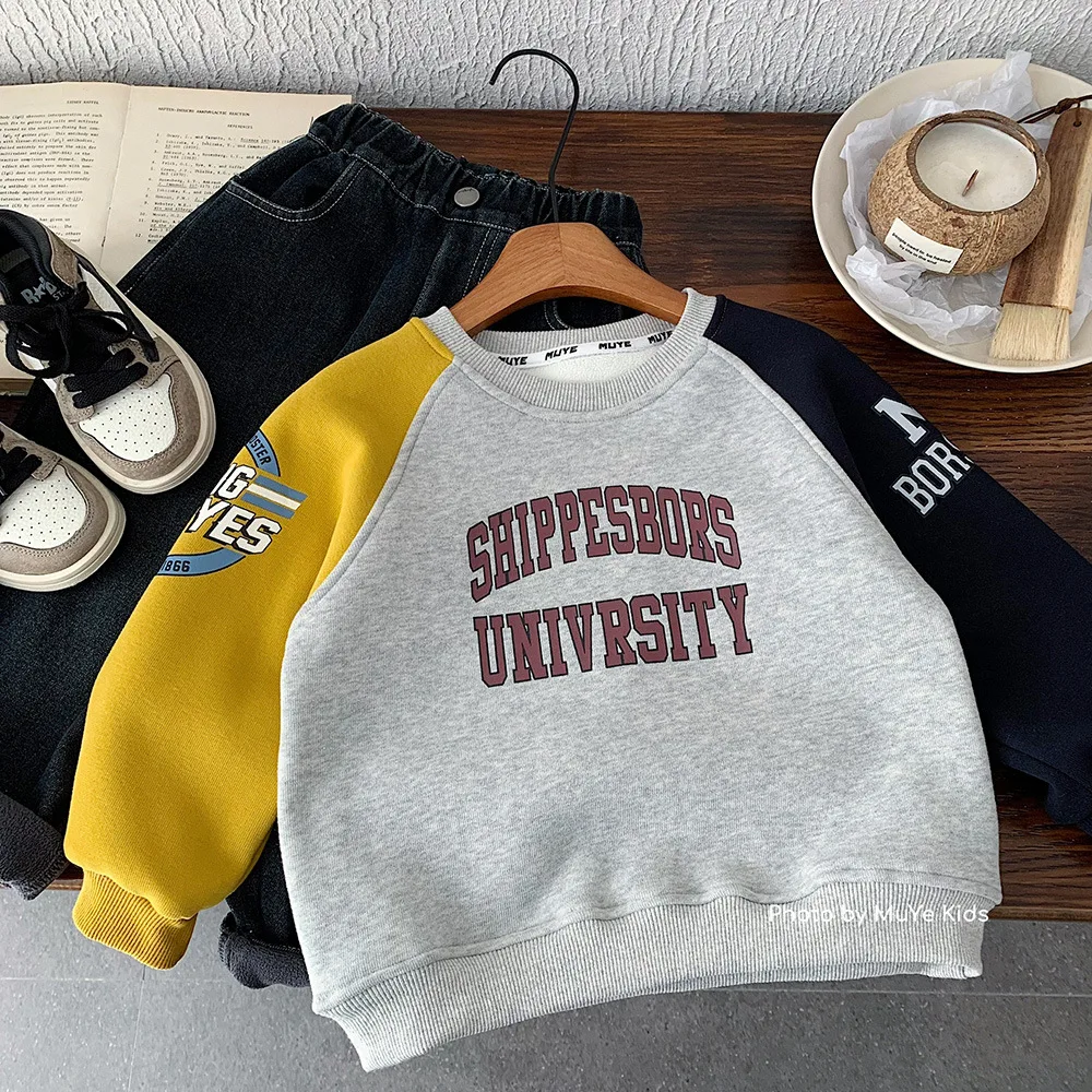 

Infant Baby Boys Sweatshirt New Winter Letter Printed Thicken Warm Kids Boy Pullover Casual Patchwork Children Boy Tops Hoodies