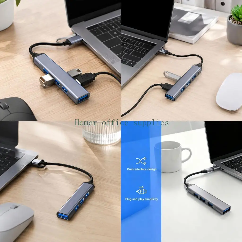 K43B USB-A and USB C Host Expander with Four Device Outputs, One 5 Gbps USB Port, Three Standard USB port, Integrated Cable, and
