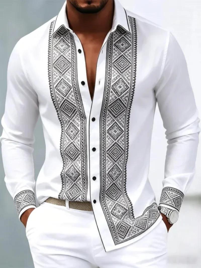 Men's Business Long Sleeved Shirt, 3D Printed Pattern, Silky Satin Design, Fashionable and Casual Suitable for Street Vacations,