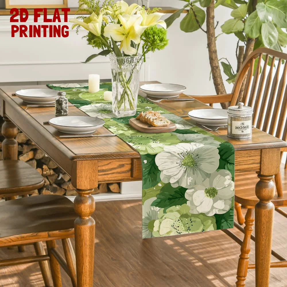 1 Piece of Fresh Green and White Gardenia Pattern Table Runner, Suitable for Farmhouse, Indoor, Kitchen, Celebrations, Table Decoration, Restaurant and Banquet Decoration Supplies
