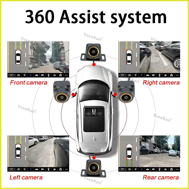 360 ° Sistema envolvente de cámara de coche 1080P AHD cámara panorámica derecha + izquierda + delantera + trasera para Radio Android con abridor de agujeros dedicado