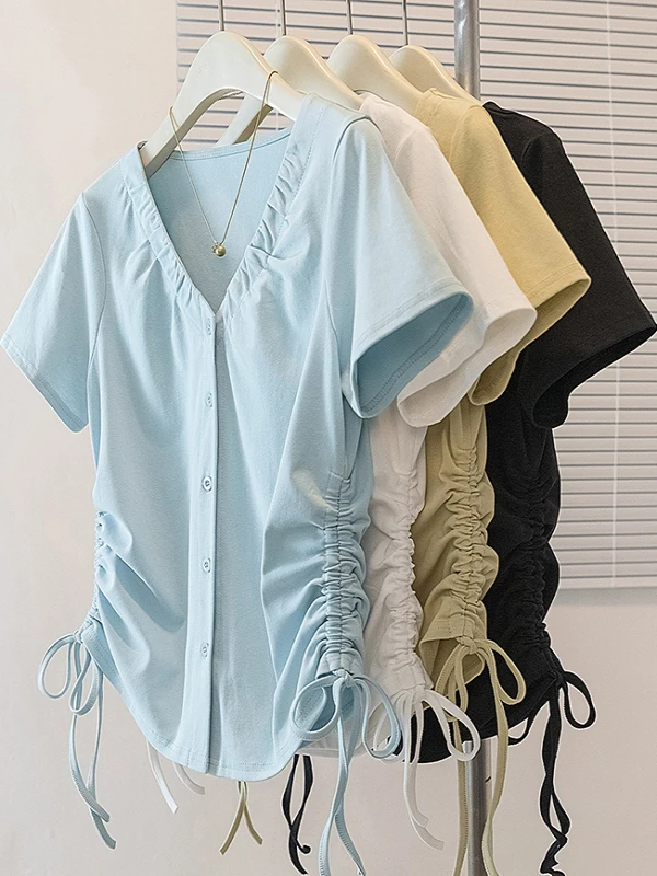 

Женская футболка больших размеров V-Ne ort Sve с завязками на талии, плиссированный летний топ для похудения, корейский повседневная одежда