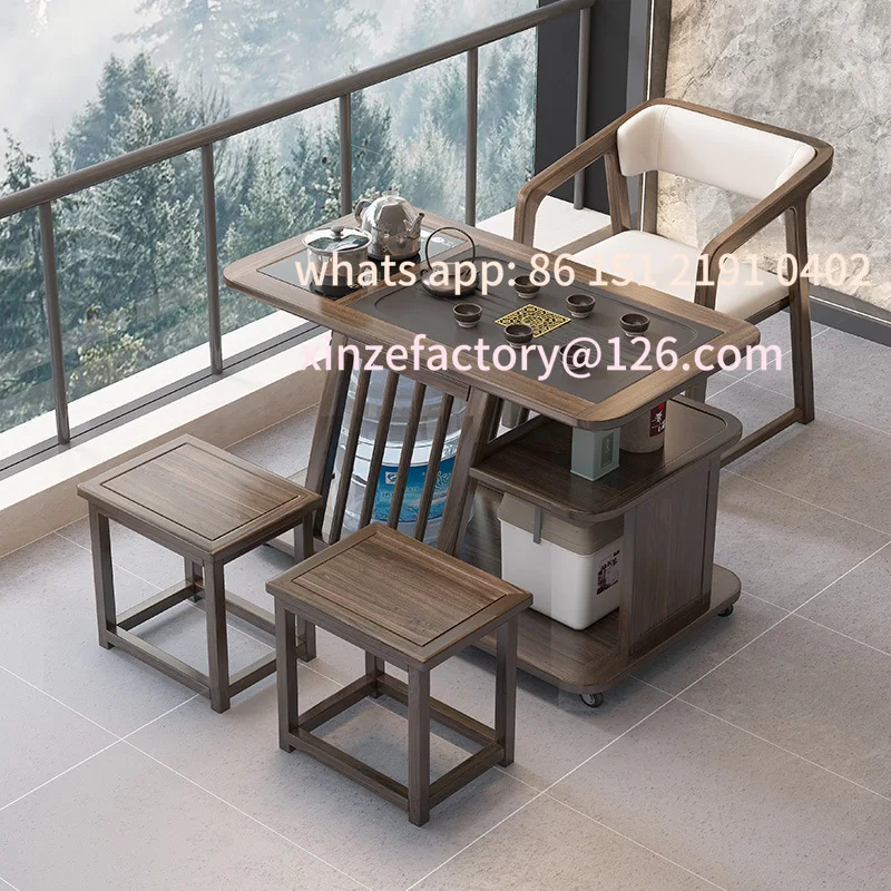 

Customizable solid wood balcony tea table household tea table chair combination integrated drinking tea table movable portable