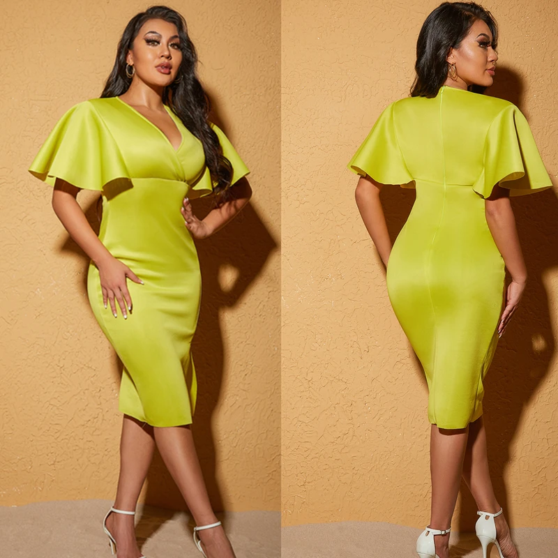 Summer Bodycon Ruffle Sleeve Celebrity Party Evening Dresses Ladies Solid Color V Neck Elegant Office Dress African Clothing