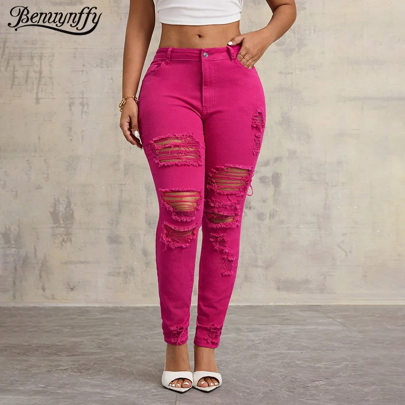 

Benuynffy модные рваные джинсы со средней талией для женщин весна-лето сексуальные эластичные брюки-карандаш женские уличные брюки