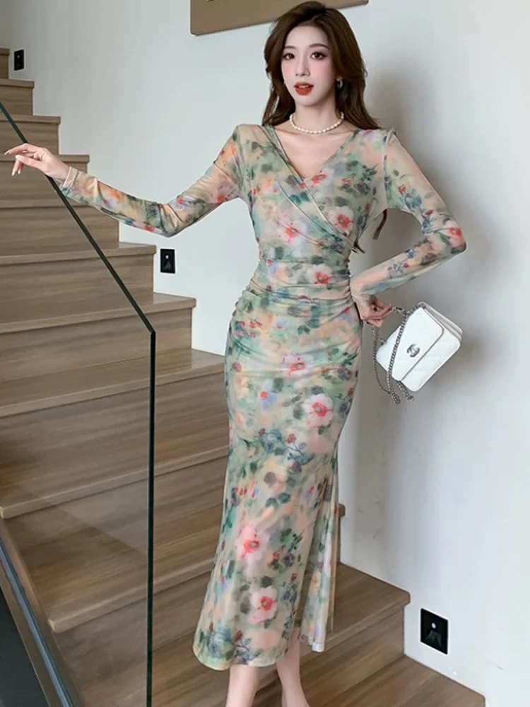 

Long Floral Print Dresses Spring Autumn Women Sexy V Neck Fold Mesh Dress Female Long Sleeve Bodycon Trumpet / Mermaid Vestidos