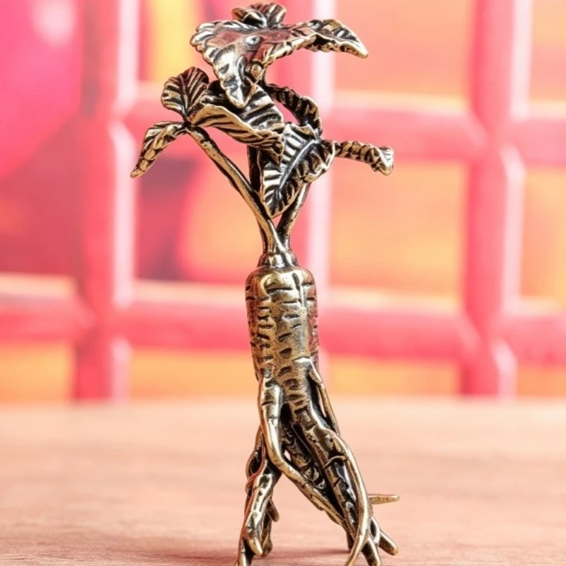 Vintage Brass Ginseng Tree Figurine, Creative Auspicious Ginseng Statue with Leaves, Mini Desktop Ornament, Tea Pet Home Deco