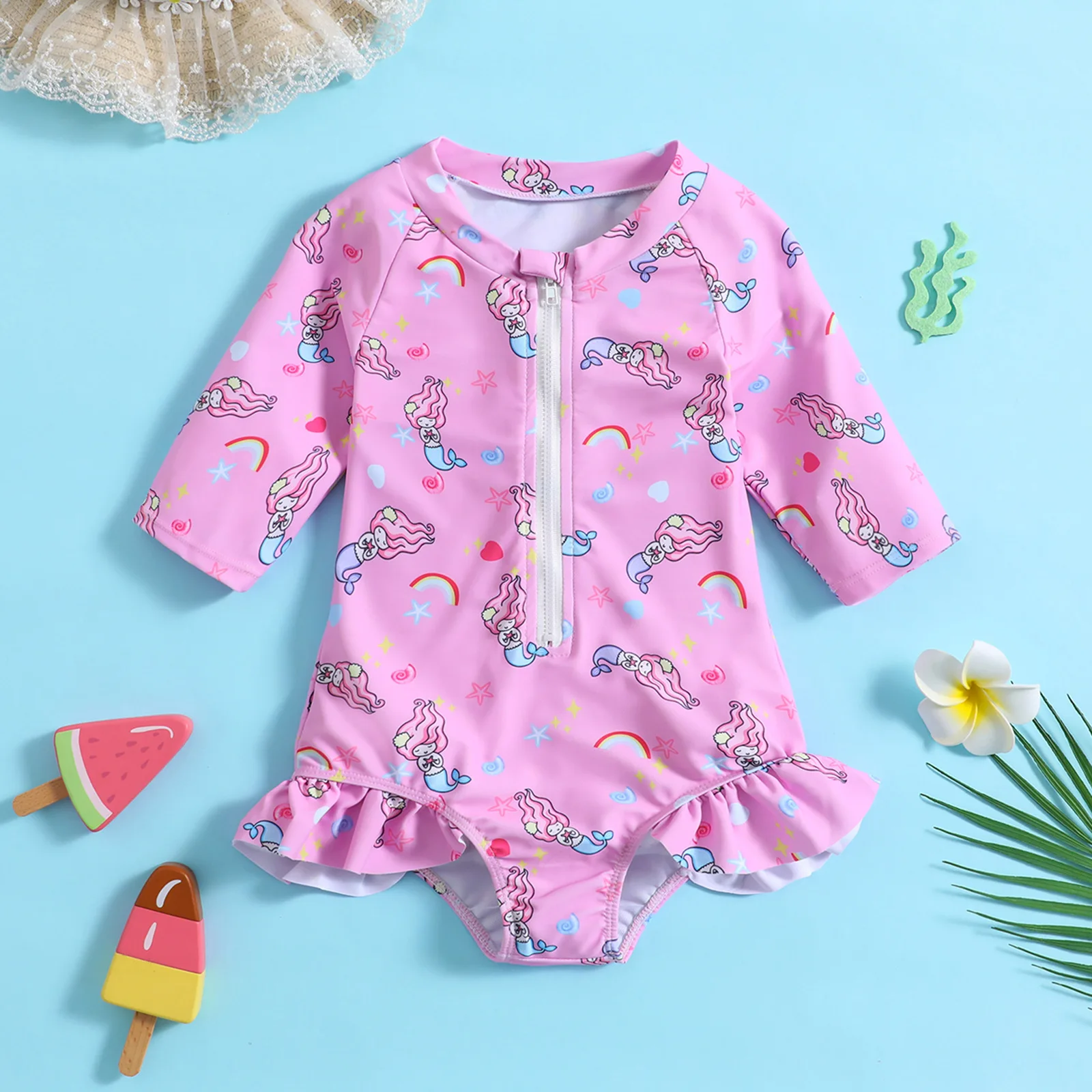 Baby one piece swimsuit with mermaid cartoon print,mid sleeve zipper ruffle,suitable for seaside and pool play