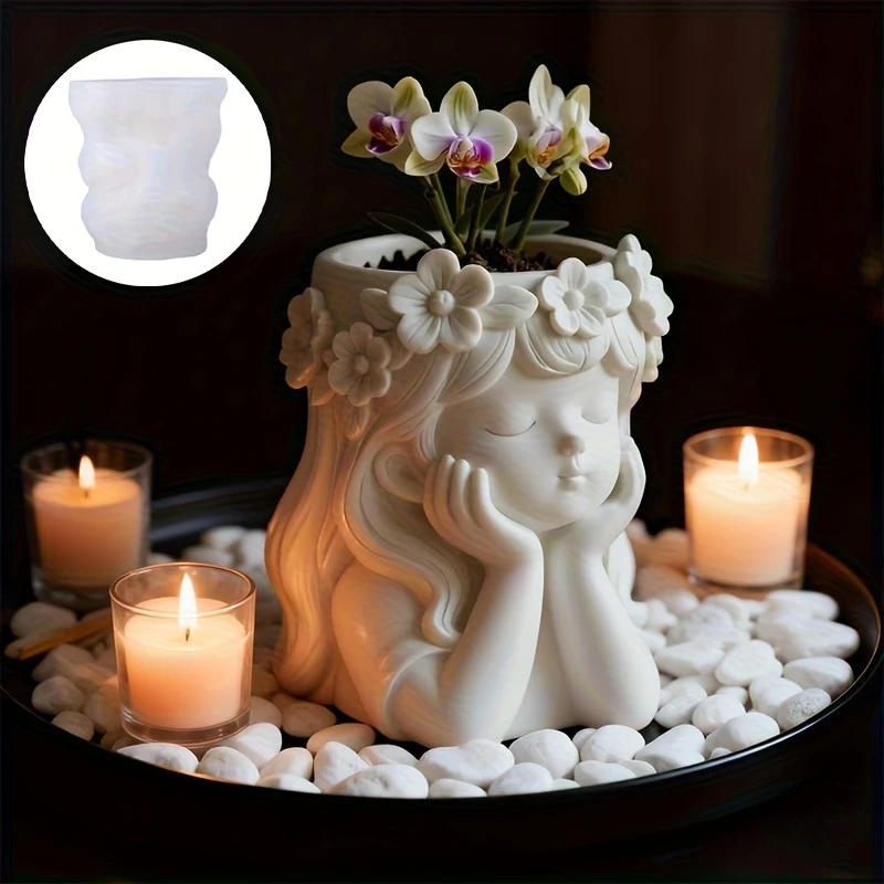 A silicone mold for a flower pot in the shape of a little girl holding a wreath，A half-body figure of a girl resting her chin on