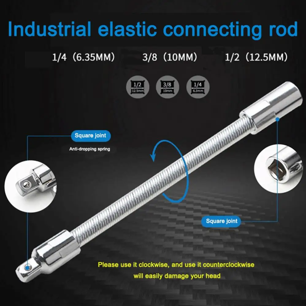 1/4 3/8 1/2 Inch Elastic Bendable Chrome Plated Steel Socket Extension Bar Adapter Shaft Head Conversion Connecting Rod