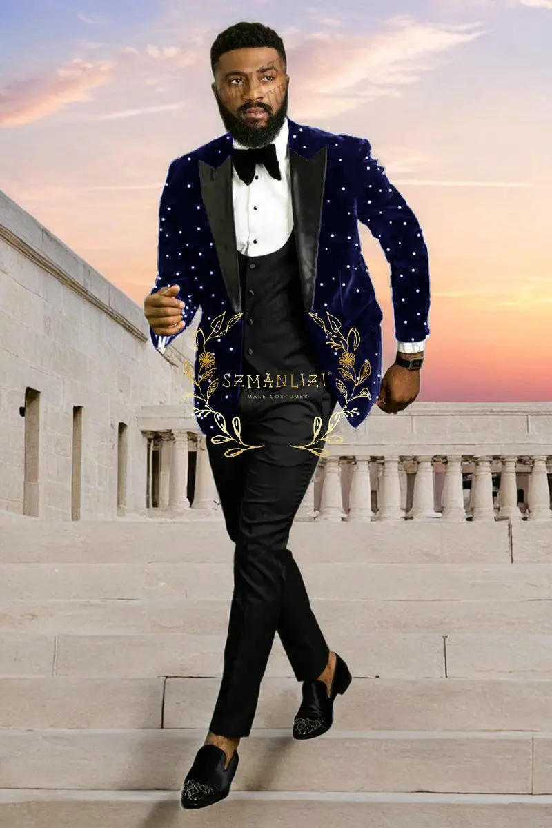 Luxury Beading Burgundy Velvet Men Suits Homme Groom Tuxedos Wedding Party Terno Masculino Slim Fit 3 Pieces Jacket Vest Pants