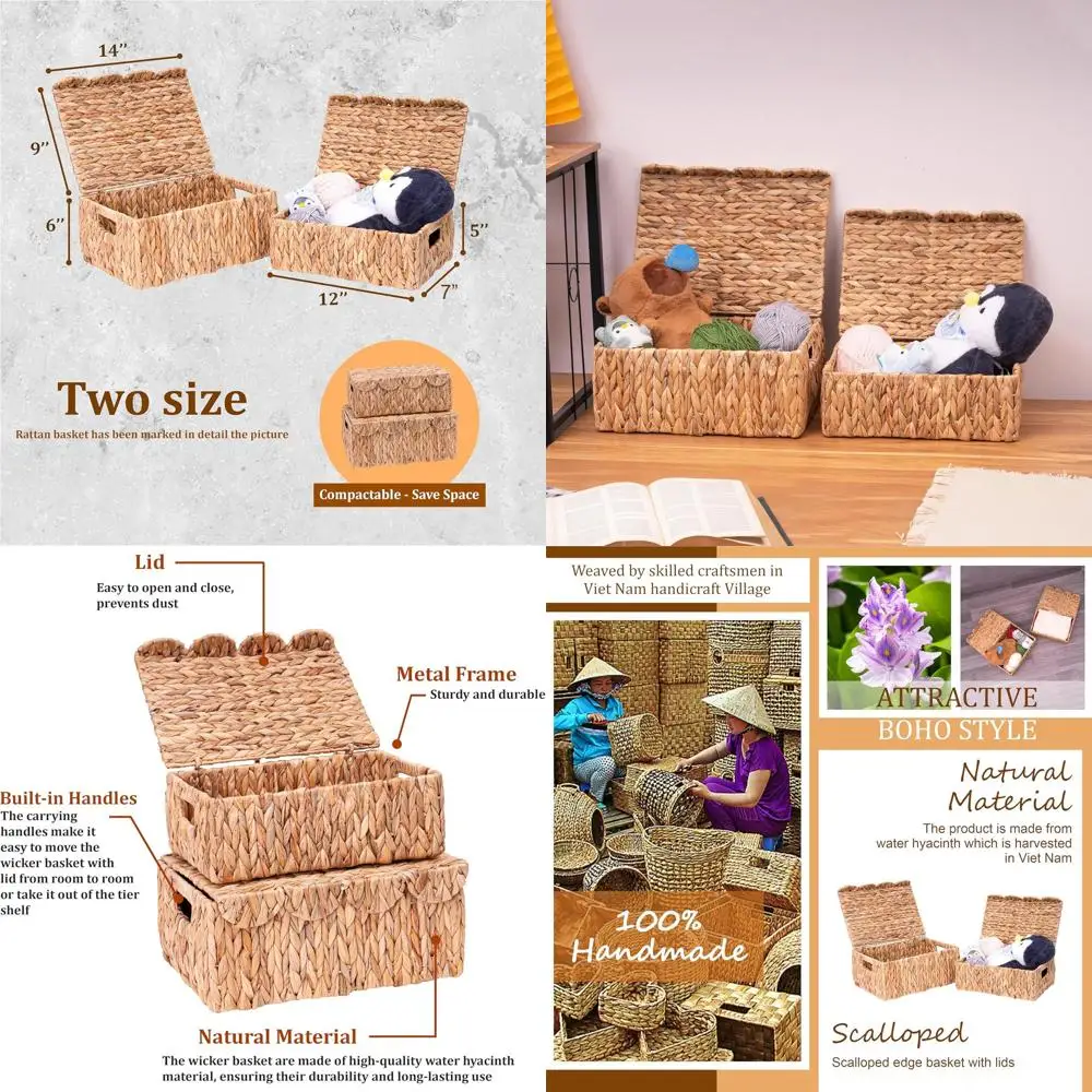 

Плетеная корзина с зубчатыми краями и крышками, корзина для хранения RecWicker со встроенными ручками, универсальный органайзер, витрины из ротанга