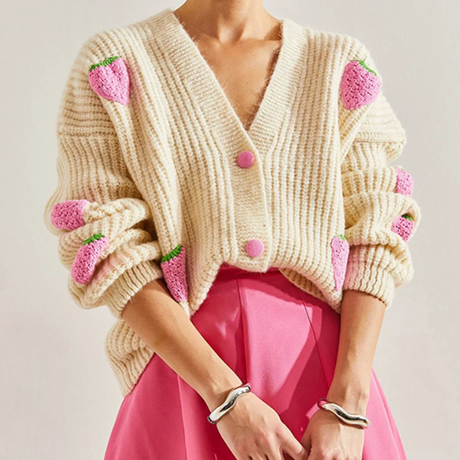 Women's Autumn and Winter Fashion Loose Knitted Cardigan Straw Aesthetic Berry Drop Shoulder Long Sleeve Button Front Sweater