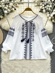 Women's Spring Autumn Shirt New Retro Bohemian Embroidered Lace Up Lantern Long Sleeves Blouse Top A161
