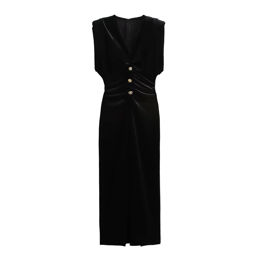 

Taop&Za 2024 deep V-neck waist pleated design metal button sleeveless temperament simple versatile dress for women