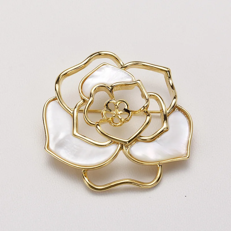 DIY Camellia Shell Pearl Brooch, Copper Plated Micro Inlaid, Corsage & Collar Pin Blank Base For Women