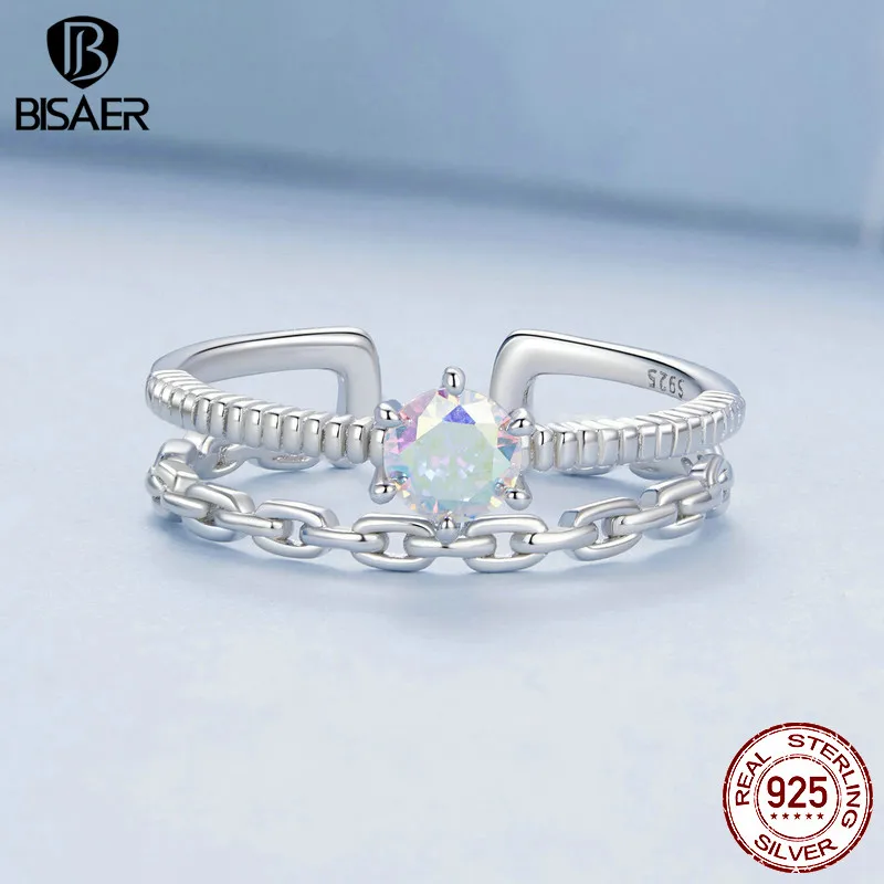 BISAER 925 Sterling Silver Iridescent Double-Layer Open Ring Dreamy Eternity Band Plated Platinum for Romantic Women Jewelry