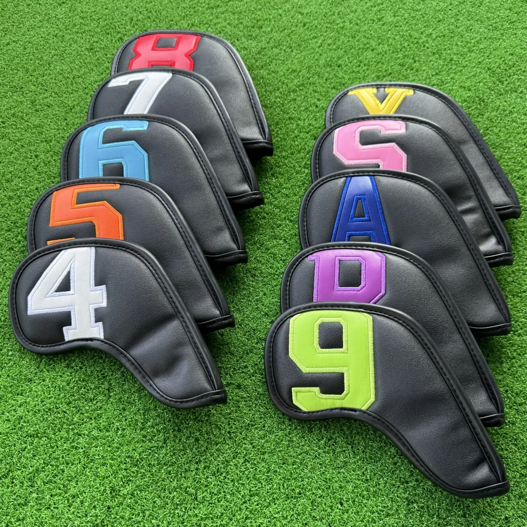 Golf Iron Club Head Covers Headcovers Fit For All Brand Iron Wedges Big Number Long Neck Black/White Pu Leather 10pcs/Pack