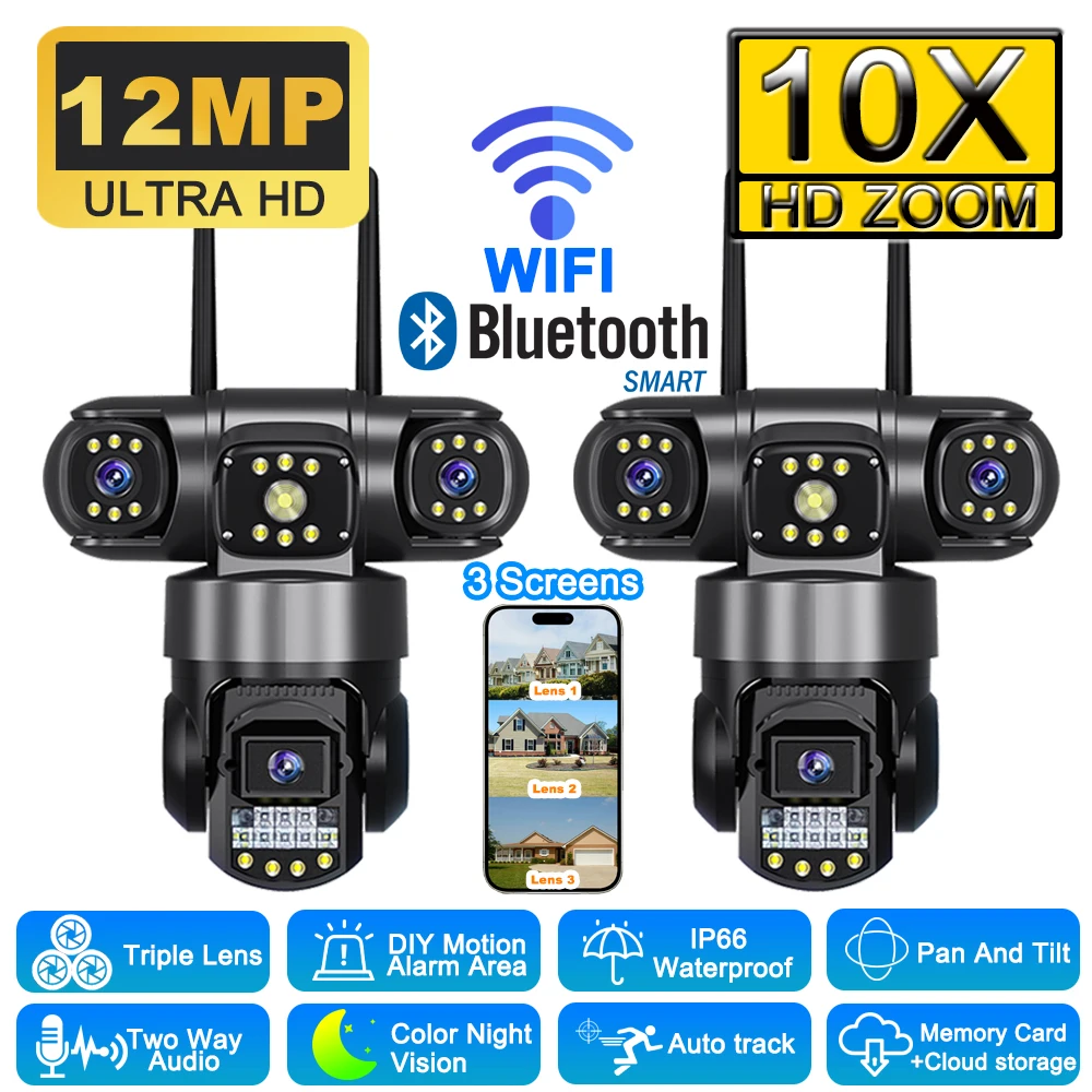 

12MP 6K Wi-Fi камера безопасности HD 10X Zoom 3 объектива 3 экрана PTZ IP-камеры Открытый Обнаружение человека Ночное видение Водонепроницаемая камера видеонаблюдения