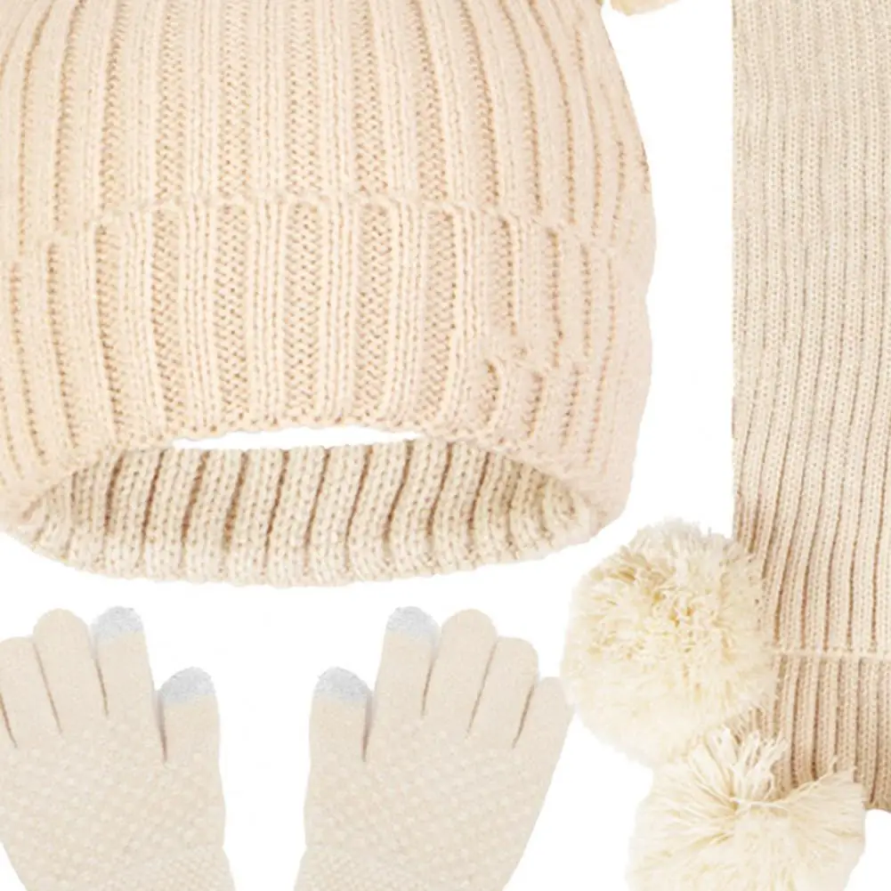 Knitted Hat Scarf Gloves Set Warm Winter Accessories Set 3pcs Kids Winter Hat Scarf Gloves Set Solid Color Jacquard Knitted