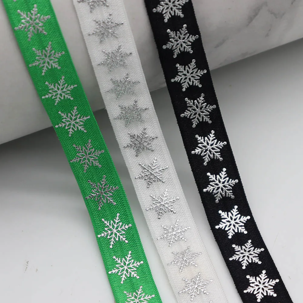 

5/8'' 15MM Silver Foil Christmas Snowflake Printed Fold Over Elastic FOE Ribbon For DIY Sewing Accessories Christmas Decoration