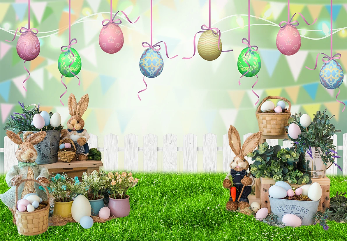 Happy Easter Spring Bunny Haystack Background Eggs Wooden Door Green leaves Floral Car Baby Shower Backdrops Photographic Banner