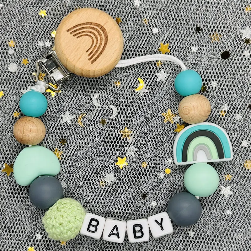 Personalized Name Pacifiers for babies Free Handmade Beech Wood Chain Silicone Rainbow Holder Baby Teether Toy Newborn Chew Gift